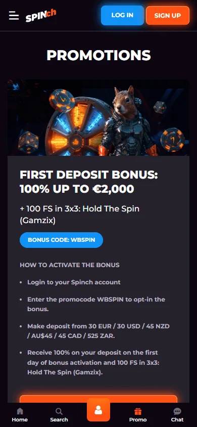 Spinch Casino promotions area on mobile