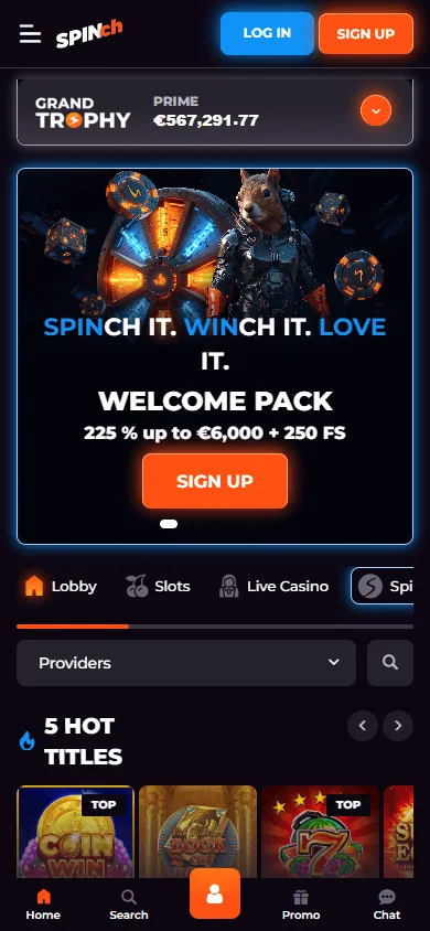 Spinch Casino home screen on mobile