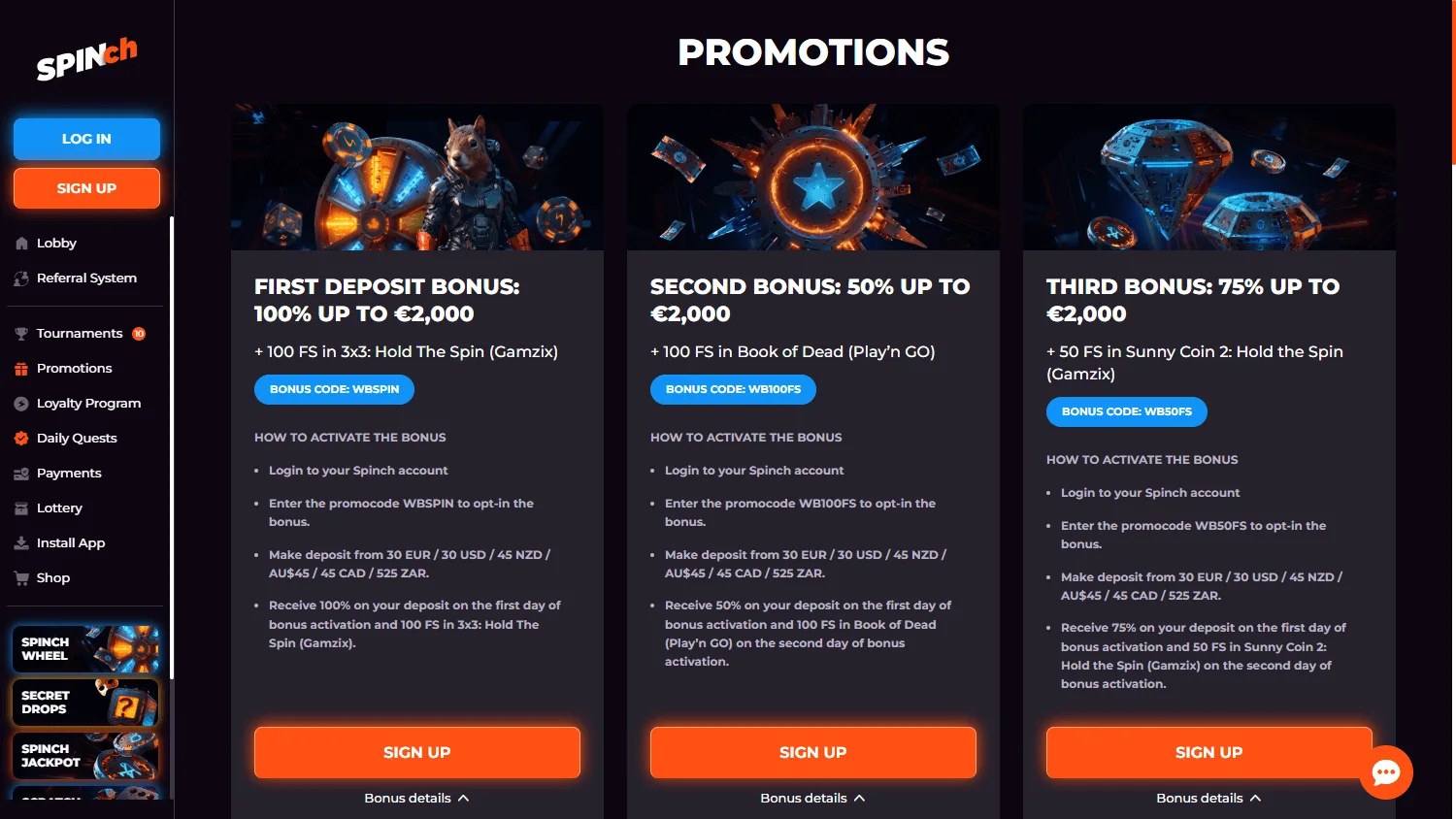 Spinch Casino promotions area on desktop