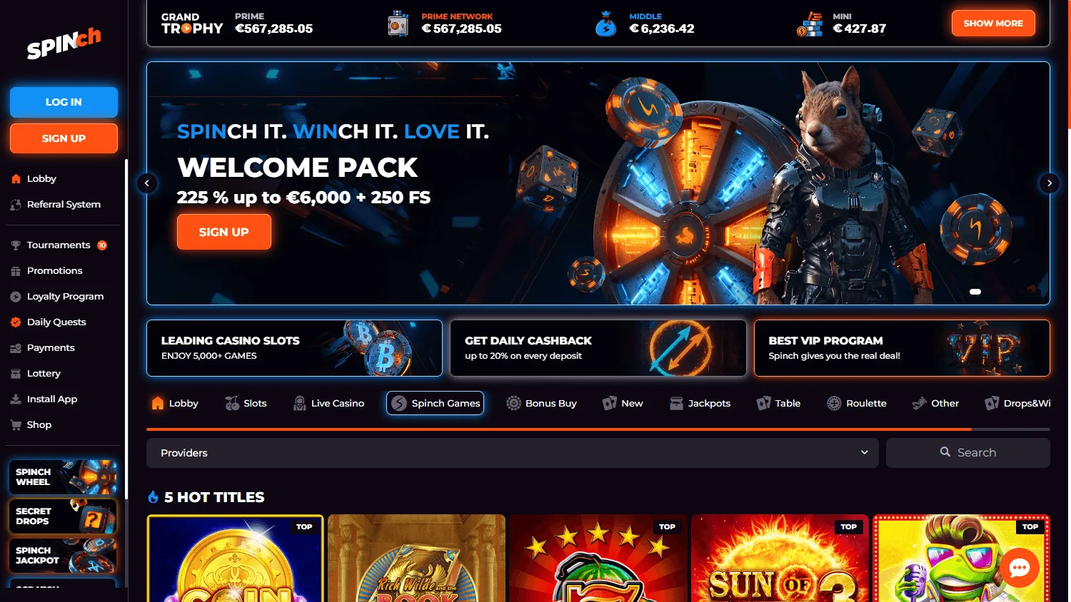 Spinch Casino home screen on desktop