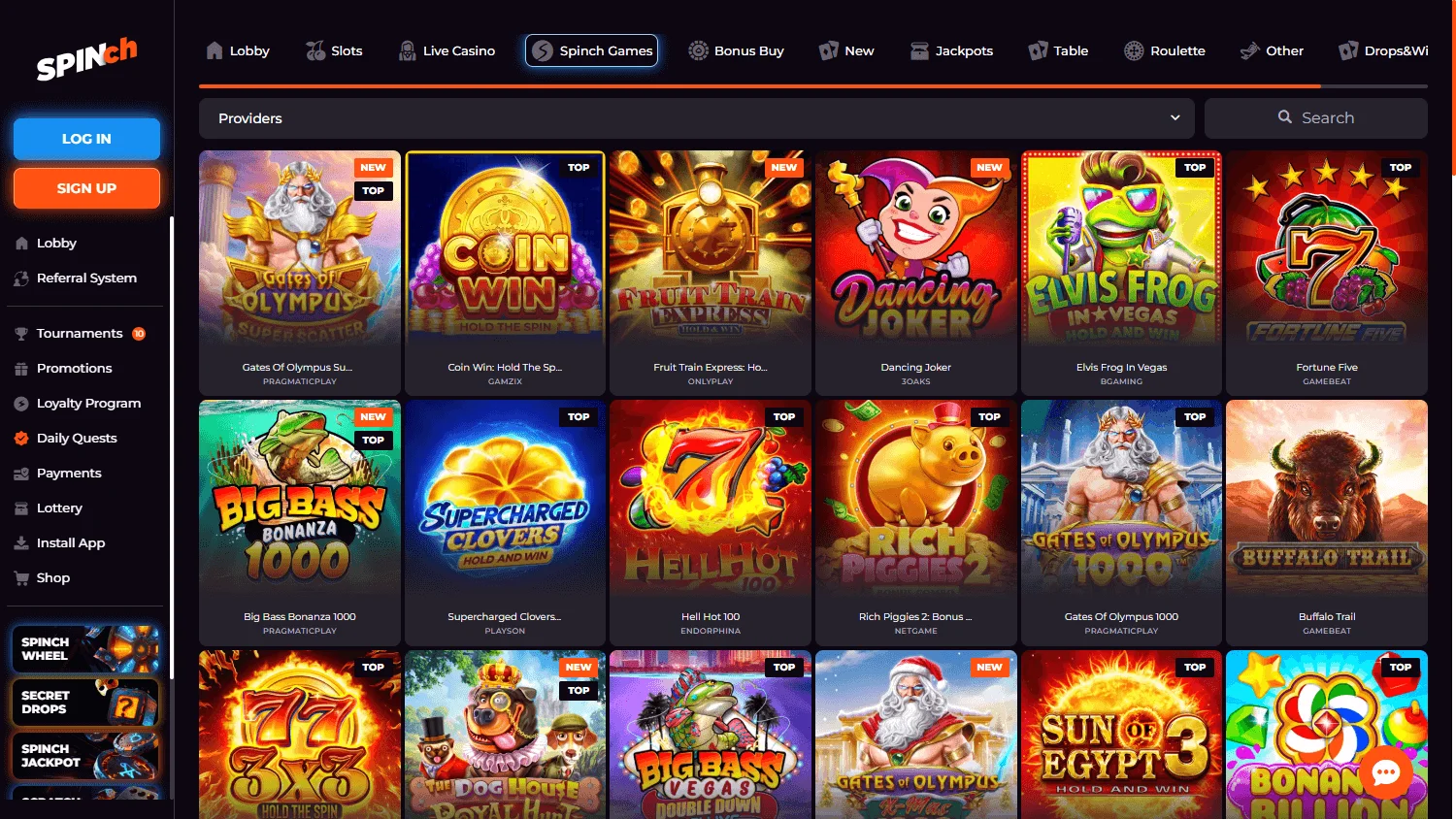 Spinch Casino game catalogue on desktop