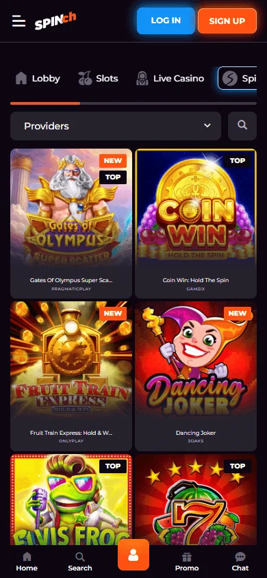 Spinch Casino game catalogue on mobile